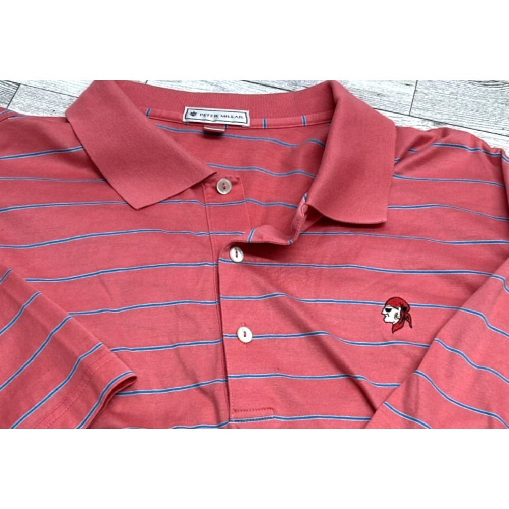 PETER MILLAR Short Sleeve Polo Shirt Pink Blue Striped Pirate Logo XL XLarge